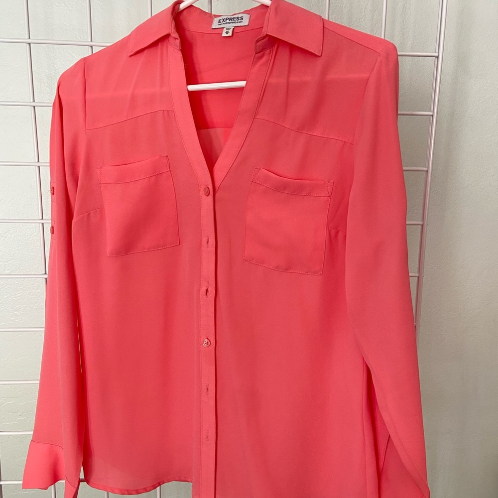 small sheer coral button down shirt